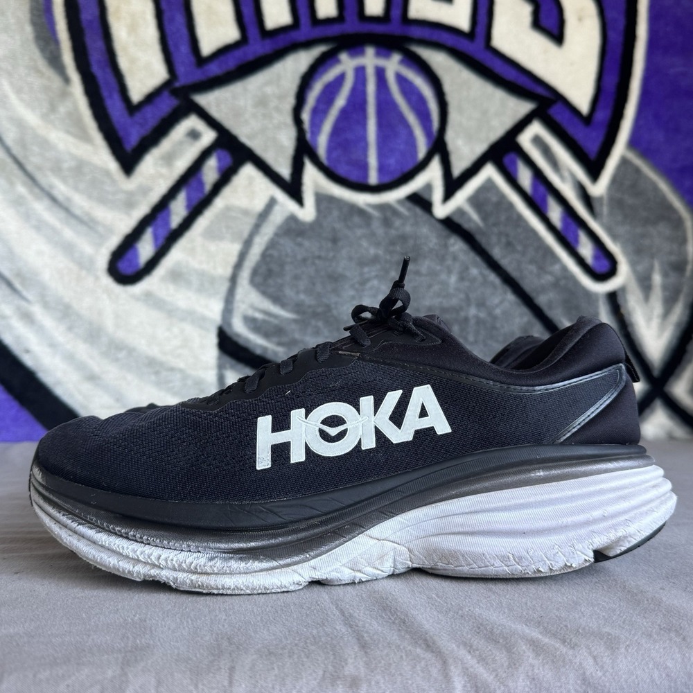 Size 13 - Hoka One One Mens Bondi 8 1123202 BWHT Black Running Shoes Sneakers‎